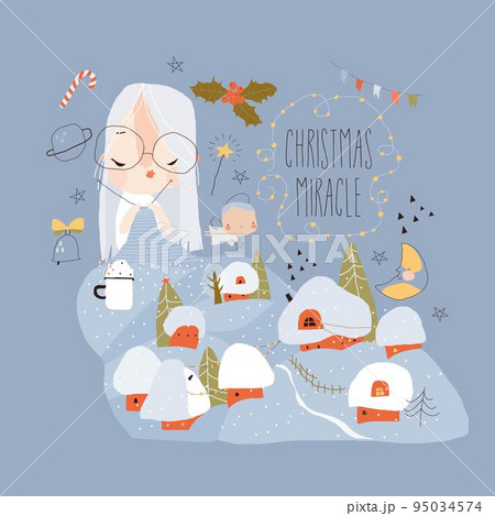 Concept Illustration with Winter Girl knitting Snowdrifts. Christmas Miracle Concept Illustration with Winter Girl knitting Snowdrifts. Christmas Miracle 95034574