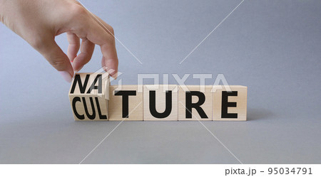Nature and Culture symbol. Businessman hand turnes wooden cubes and changes word Culture to Nature. Beautiful grey background. Business concept. Copy space. 95034791