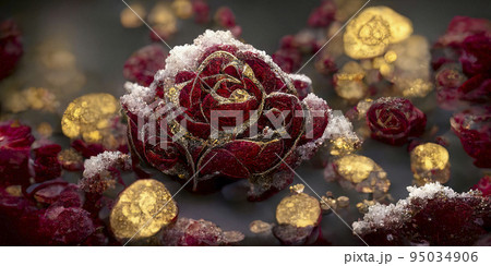 Vintage Background with Ice on Ornate with Gold Deep Red Roses and Petals 95034906