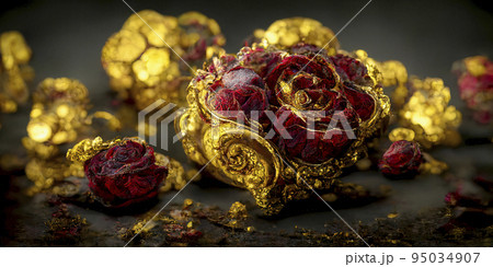 Vintage Background with Deep Red Roses and Petals Covered with Gold Dust Vintage Background with Deep Red Roses and Petals Covered with Gold Dust 95034907