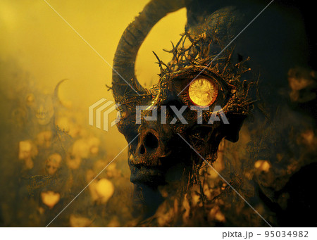 A Demonic Deity with a Glowing Eye. Halloween Background A Demonic Deity with a Glowing Eye. Halloween Background 95034982
