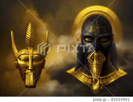 Egyptian Priest and a Diety Mask Surrounded by Burning Incense in a Temple Ritual 95034991