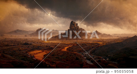 Dark Gloomy Clouds over Red Muddy Landscape and Rocky Mountains 95035058