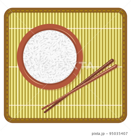 Cooked rice in a brown bowl on yellow bamboo mat with Chinese chopsticks. 95035407