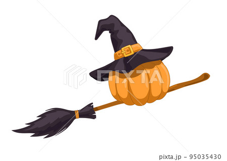 Pumpkin in a magic hat flying on broom 95035430