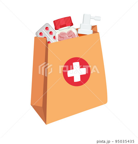 Pharmacy bag filled with medicines. Paper bag with pills. 95035435