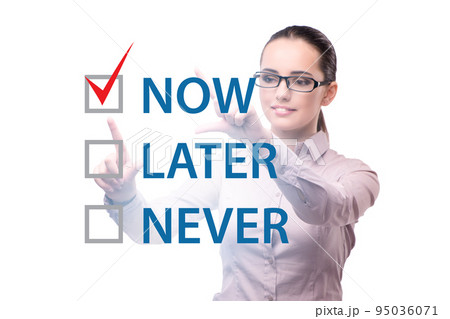 Concept of procrastination with now or later 95036071