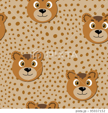 Vector flat animals colorful illustration for kids. Seamless pattern with cute bear face on beige polka dots background. Adorable cartoon character. Design for card, poster, fabric, textile. 95037152