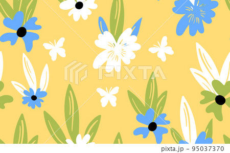 Seamless floral pattern based on traditional folk art ornaments. Colorful flowers on color background. Scandinavian style. Sweden nordic style. Vector illustration. Simple minimalistic pattern 95037370