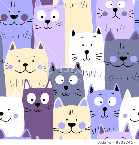 Seamless pattern with cute kitten print. Different scandy cats on color background. Scandinavian style illustration for kids. Vector illustration for fabric, textile, wallpaper, home clothing, pajama Seamless pattern with cute kitten print. Different scandy cats on color background. Scandinavian style illustration for kids. Vector illustration for fabric, textile, wallpaper, home clothing, pajama 95037417