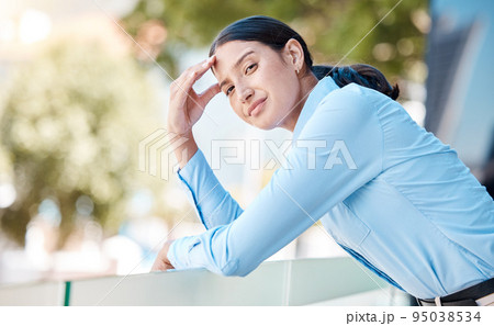 Stress, frustrated or annoyed business woman on office balcony with headache, anxiety or mental health burnout. Mexican employee portrait, worker or corporate person angry after company mistake fail 95038534