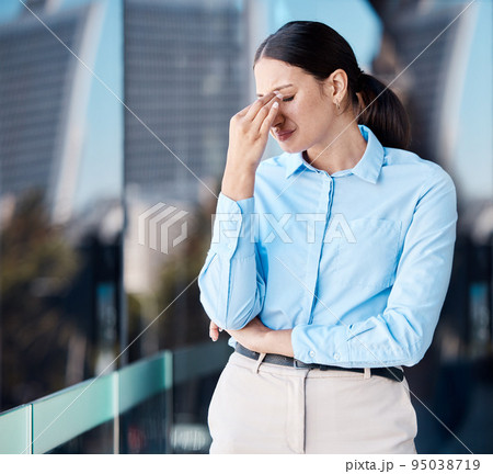 Crying, work burnout and stress headache of a business woman worried about mental health. Corporate lawyer worker on a balcony tired of working and feeling depression and sad anxiety at her job 95038719