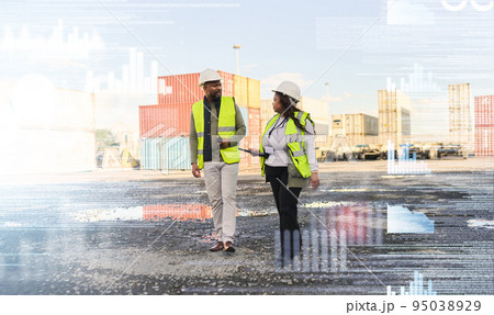 Business people, logistics and shipping, industry warehouse workers in container yard double exposure or analytics overlay. Industrial employee working in supply chain management for transportation 95038929