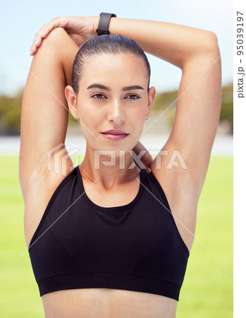 Sports, training and fitness by woman stretching for exercise in nature, muscle wellness health warm up. Energy, motivation and girl with strong focus and mindset, prepare body cardio run performance 95039197