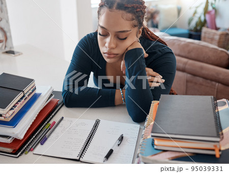 Study, home and sleep for student with books, textbook and notebook for university, college or school studies. Education, learning or tired black woman sleeping after studying hard for knowledge test Study, home and sleep for student with books, textbook and notebook for university, college or school studies. Education, learning or tired black woman sleeping after studying hard for knowledge test 95039331