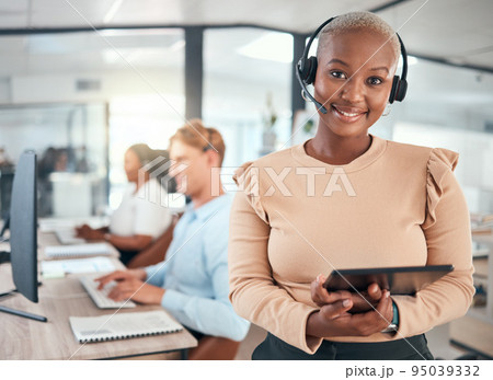 Call center, CRM and customer service woman with tablet and headset in telemarketing and customer support in office. Happy, smile and motivation with contact us, help and business employee consultant 95039332