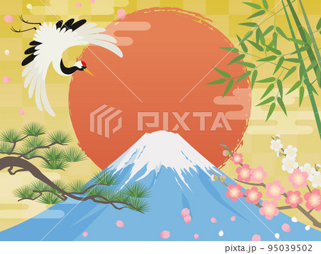 富士山と初日の出_鶴_松竹梅 95039502