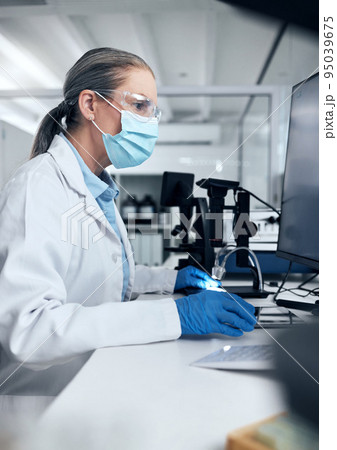 Science woman, covid and computer laboratory research, medical innovation and expert test online. Senior scientist mask, desktop data and vaccine medicine worker planning virus analytics information Science woman, covid and computer laboratory research, medical innovation and expert test online. Senior scientist mask, desktop data and vaccine medicine worker planning virus analytics information 95039675