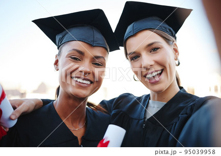 Graduation, certificate and students selfie university success, achievement or education diploma. College class diversity people or graduate women on campus portrait for scholarship class celebration Graduation, certificate and students selfie university success, achievement or education diploma. College class diversity people or graduate women on campus portrait for scholarship class celebration 95039958