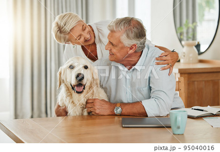 Love, pet and senior couple with dog relax at home bonding, playing and spend quality time together. Retirement life, smile and happy elderly man, woman or family enjoy peace with domestic animal 95040016