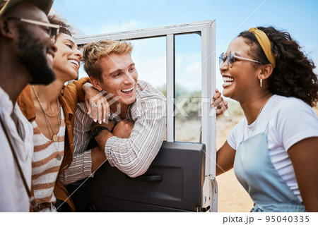 Friends, travel and nature road trip, holiday or summer adventure vacation spending outdoors time together. Happy, smile and people in car traveling on dirt road, bonding or fun enjoying conversation 95040335