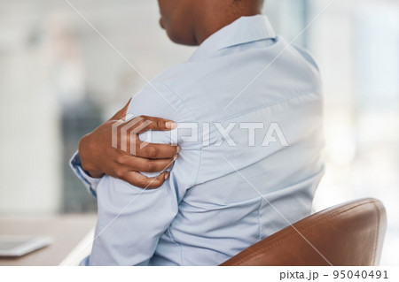 Arm pain, injury and business person with burnout while working in office, medical emergency at work and muscle ache. Corporate African employee with painful shoulder accident in the workplace Arm pain, injury and business person with burnout while working in office, medical emergency at work and muscle ache. Corporate African employee with painful shoulder accident in the workplace 95040491