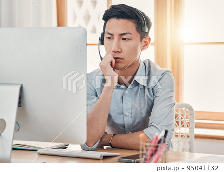 Consulting, thinking and call center with businessman at computer working on idea, telemarketing and customer support. Crm, inbound marketing and sales with employee at desk for email, help and kpi 95041132