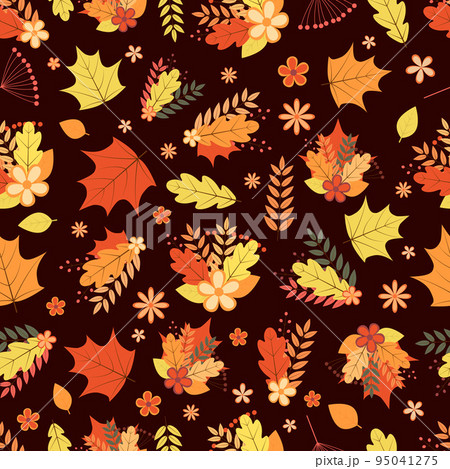 Autumn seamless pattern. Colorful leaves, flowers, and berries. Fall vector background. Perfect for wrapping paper, scrapbooking, etc Autumn seamless pattern. Colorful leaves, flowers, and berries. Fall vector background. Perfect for wrapping paper, scrapbooking, etc 95041275
