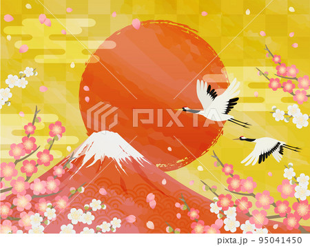 和風背景_富士山と初日の出_鶴_梅 和風背景_富士山と初日の出_鶴_梅 95041450