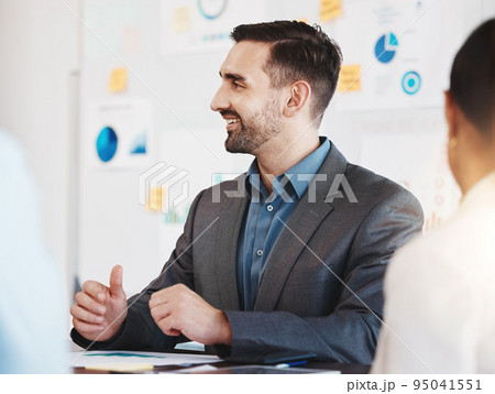 Business meeting, leadership and corporate man, manager or leader work for SEO, data analysis and accounting training. Happy employee and executive discussing financial information with team 95041551