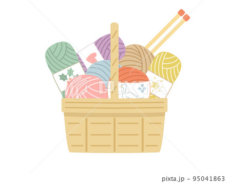 バスケットにはいった編み棒とカラフルな毛糸のイラスト 95041863