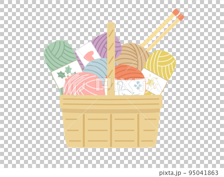 バスケットにはいった編み棒とカラフルな毛糸のイラスト 95041863