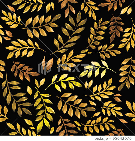 stock illustration seamless pattern. gold leaf pattern on a black background. Art Deco ornament for textile, wallpaper, fabric, wrapper stock illustration seamless pattern. gold leaf pattern on a black background. Art Deco ornament for textile, wallpaper, fabric, wrapper 95042076