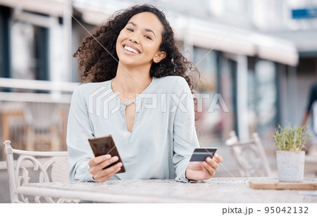 Online shopping, phone and woman doing digital credit card payment via internet at a restaurant. Happy, smile and person making a money transfer or cash send via online banking app or fintech website 95042132