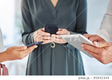 Business hands group, digital phone communication and tablet internet on networking in mobile office. Team, employee collaboration and worker connect 5g cloud on social media website online wifi tech 95042344