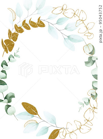 stock illustration round frame of eucalyptus leaves. drawing watercolor and glitter gold. Graphic design ornament for wedding, greeting card isolated on white background. place for text stock illustration round frame of eucalyptus leaves. drawing watercolor and glitter gold. Graphic design ornament for wedding, greeting card isolated on white background. place for text 95043752