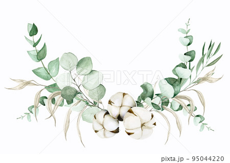 watercolor drawing. vignette, round frame, made of cotton flowers and eucalyptus and willow leaves. graphic design element isolated on white background for decorating weddings, weddings, invitations 95044220