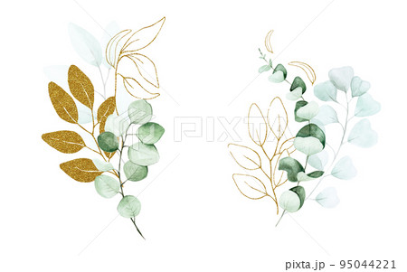 stock illustration set of eucalyptus leaves painted with watercolor and glitter shiny gold. Set for wedding graphic design, decoration greeting card, wrapper, textile. stock illustration set of eucalyptus leaves painted with watercolor and glitter shiny gold. Set for wedding graphic design, decoration greeting card, wrapper, textile. 95044221