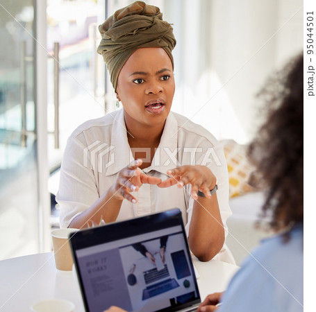 Coaching, mentor and business woman talking to employee in marketing, interview and consulting office building. Manager, coach and black woman working with colleague in vision, innovation and leader 95044501