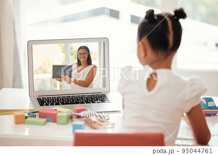Girl, laptop and education with girl and teacher on video call, distance learning and homeschool online lesson. Learning, class and child enjoy math activity with friendly tutor at table in her home 95044761