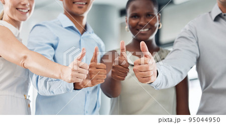 Success, collaboration and team thumbs up of diversity group of office workers happy in a office. Business smile, employee teamwork and yes hands gesture and community work support and thank you Success, collaboration and team thumbs up of diversity group of office workers happy in a office. Business smile, employee teamwork and yes hands gesture and community work support and thank you 95044950