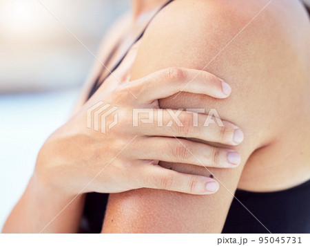 Arm injury, shoulder pain and muscle problem of woman, sports and athlete training, workout and exercise. Closeup person hands, physical therapy for body fracture accident and emergency health risk 95045731