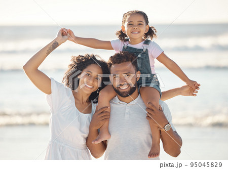 Travel, summer and family beach portrait with child and parents on peaceful vacation break. Happy mother and dad with young daughter enjoy relaxing holiday walk together at ocean in Mexico. 95045829