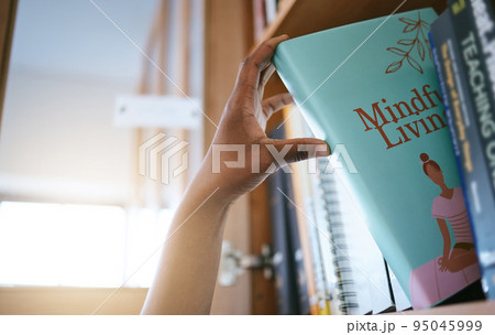 Books, research and hands of woman in library of university for education, learning and knowledge. Vision, student and goals with girl choosing from bookshelf for reading, college and information 95045999