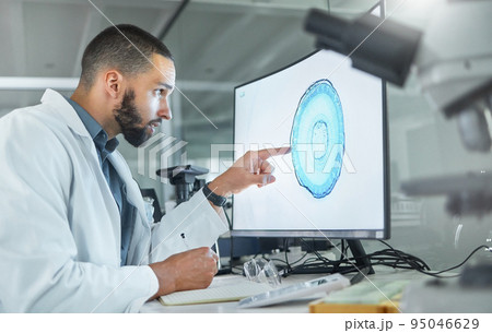Brain development, lab research and scientist working on analysis of scan for healthcare science on a computer at work. Medical doctor doing innovation for future of medical neuroscience on pc 95046629
