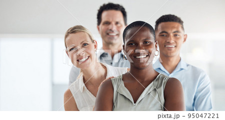 Black woman, leader and business community diversity of happy employee office group. Portrait of company people and work manager smile ready to start a teamwork, corporate and working collaboration 95047221