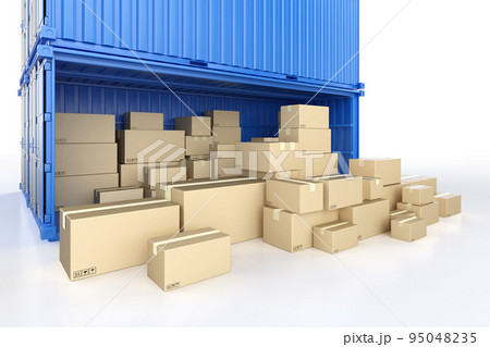 Logistic business with heap of carton boxes or cardboard boxes in blue container 95048235