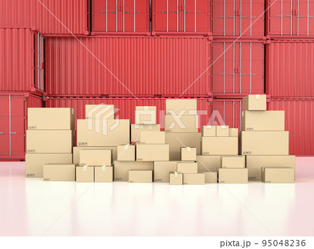 Logistic business with heap of carton boxes or cardboard boxes in red container 95048236