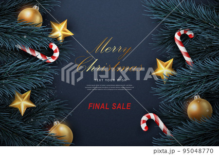 Merry Christmas composition 3D realistic pine fir tree branches candy cane golden decoration ball and star ornaments 95048770