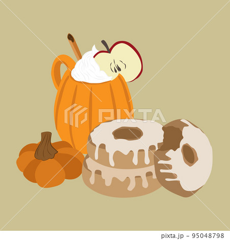 Autumn drink in pumpkin cup and apple cider donuts 95048798